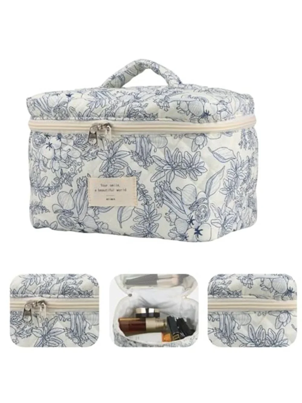 Quilted Floral Makeup Bags Set 2 Pcs Travel Cosmetic Toiletry Organizer Corduroy